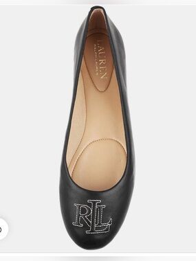 Lauren Ralph Lauren Black Leather Ballet Flat with Embroidered RL Logo